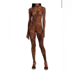 LaQuan Smith Animalia Leopard-Print Mesh Catsuit